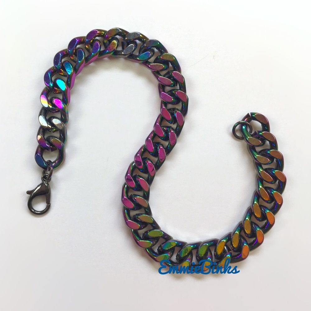 New Oil Slick Holographic Multicolor Curb Chain Bracelet ~Unisex Stainless Steel